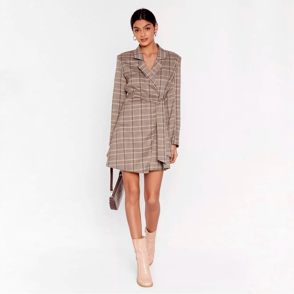 Nasty Gal Plaid Wrap Mini Dress in Beige and Brown